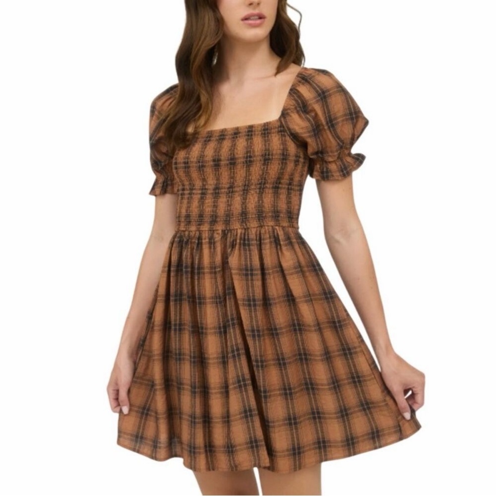 Blu Pepper Plaid Smocked Mini Dress Puff Sleeves Square Neck Fit & Flare Medium